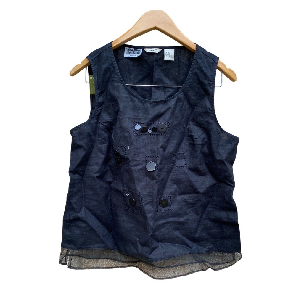 Vintage‎ Irish Linen Black Tank Top Button Detail 14 Lagenlook Boho Summer Artsy